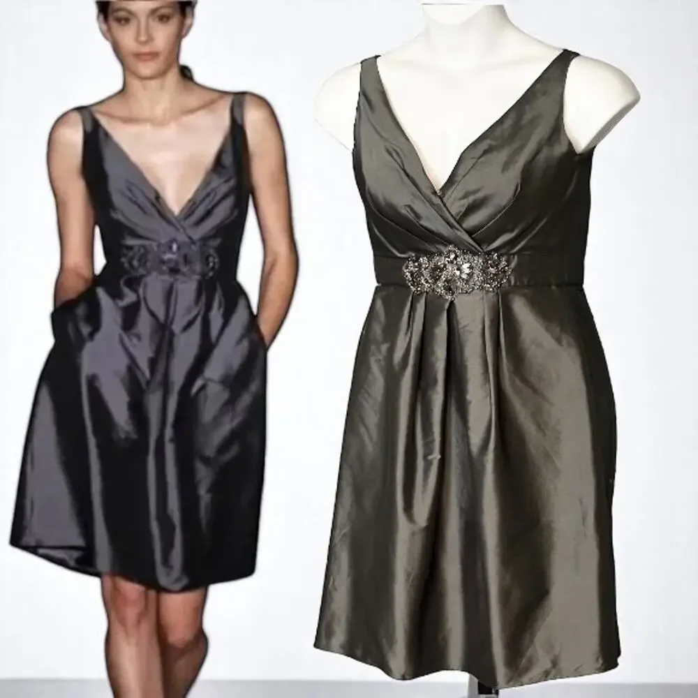 Vintage LAZARO Sleeveless Cocktail Dress Sz 10 Satin Jeweled Wedding Pewter Gray - Picture 1 of 15